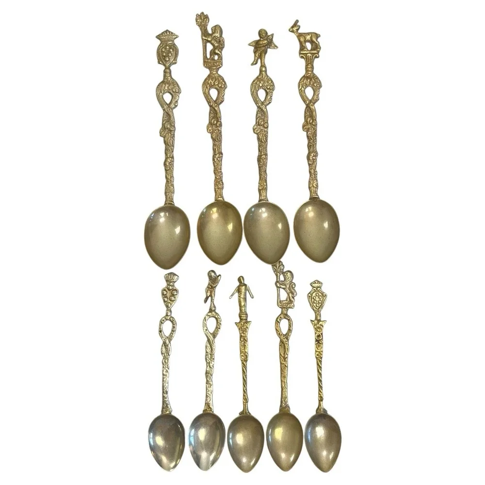 Vintage Set of 9 Brass Souvenir Demitasse Ornate Spoons Montagnani Made In Italy